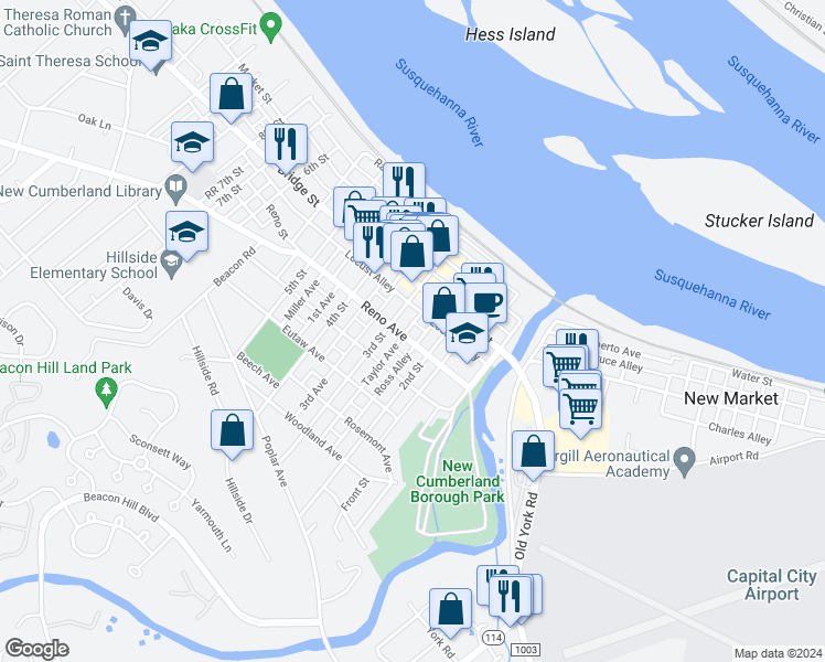 map of restaurants, bars, coffee shops, grocery stores, and more near 219 Reno Avenue in New Cumberland