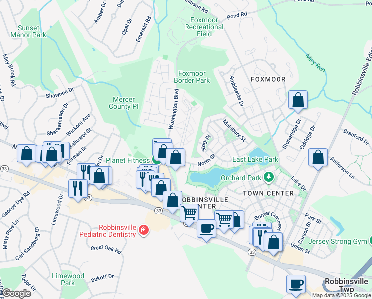 map of restaurants, bars, coffee shops, grocery stores, and more near 62 Wyndham Place in Robbinsville