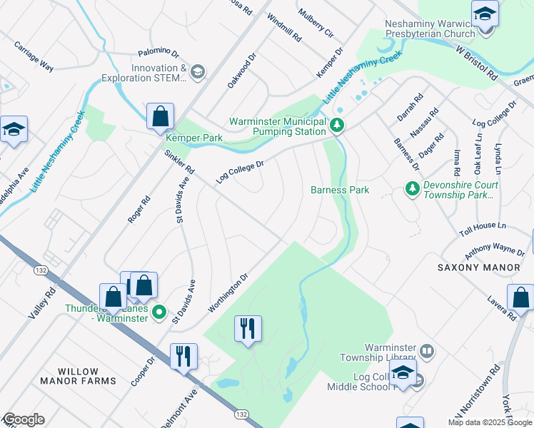 map of restaurants, bars, coffee shops, grocery stores, and more near 900 Marshall Drive in Warminster