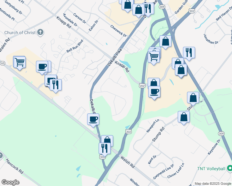map of restaurants, bars, coffee shops, grocery stores, and more near 117 Gwynmont Drive in North Wales