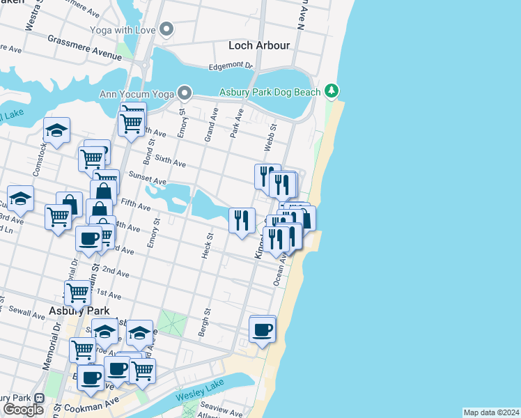 map of restaurants, bars, coffee shops, grocery stores, and more near 1400 Webb Street in Asbury Park