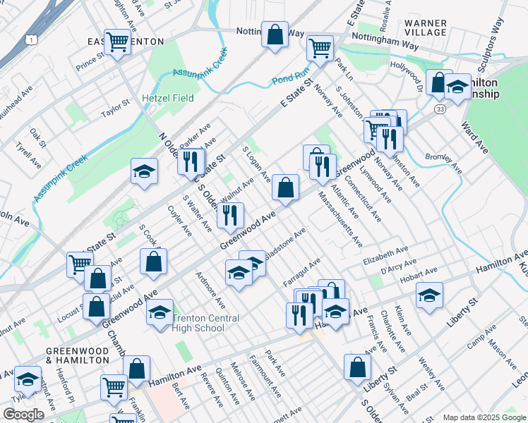map of restaurants, bars, coffee shops, grocery stores, and more near 157 Cleveland Avenue in Trenton