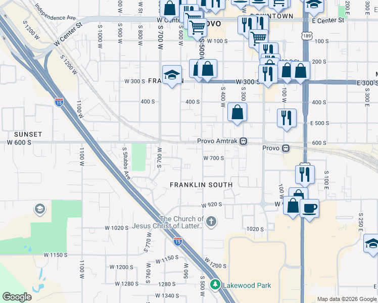 map of restaurants, bars, coffee shops, grocery stores, and more near 636 South 500 West in Provo