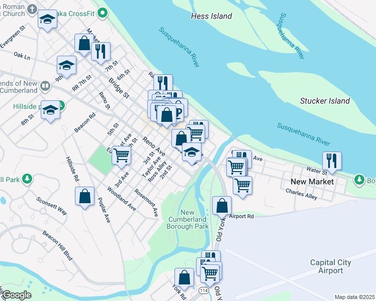 map of restaurants, bars, coffee shops, grocery stores, and more near 136 Bridge Street in New Cumberland