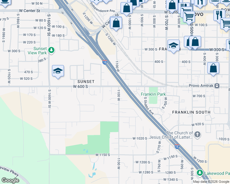 map of restaurants, bars, coffee shops, grocery stores, and more near 616 1100 West in Provo