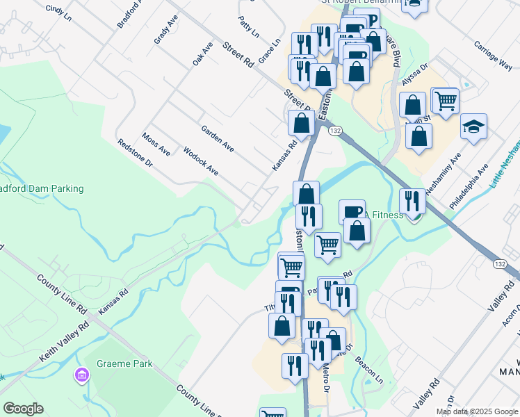 map of restaurants, bars, coffee shops, grocery stores, and more near 1002 Woodview Court in Warrington