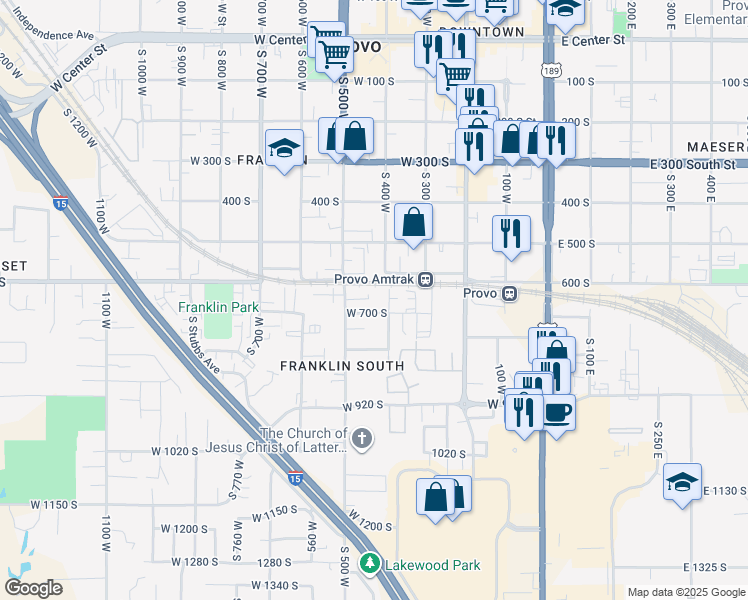 map of restaurants, bars, coffee shops, grocery stores, and more near 629 500 West in Provo