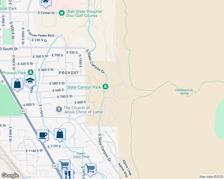 map of restaurants, bars, coffee shops, grocery stores, and more near 477-631 S Slate Canyon Dr in Provo