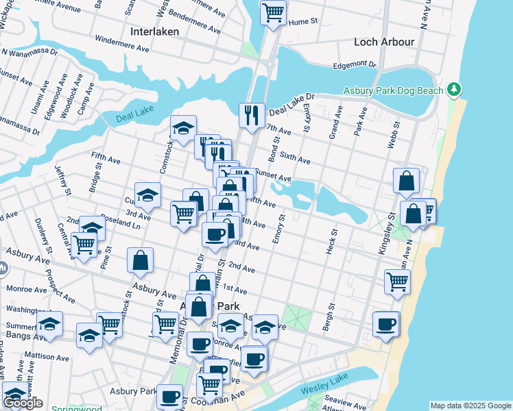 map of restaurants, bars, coffee shops, grocery stores, and more near 700 5th Avenue in Asbury Park