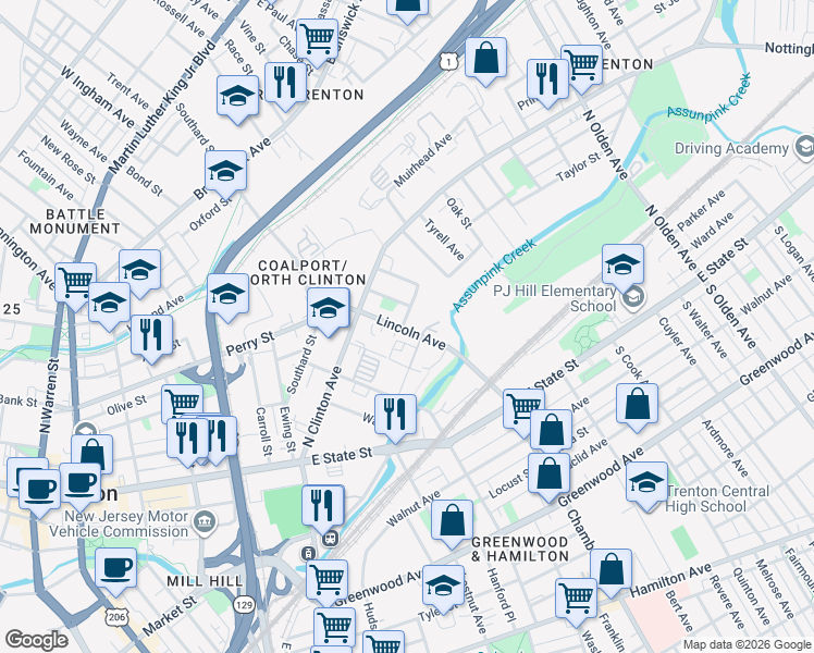 map of restaurants, bars, coffee shops, grocery stores, and more near 20 Seward Avenue in Trenton