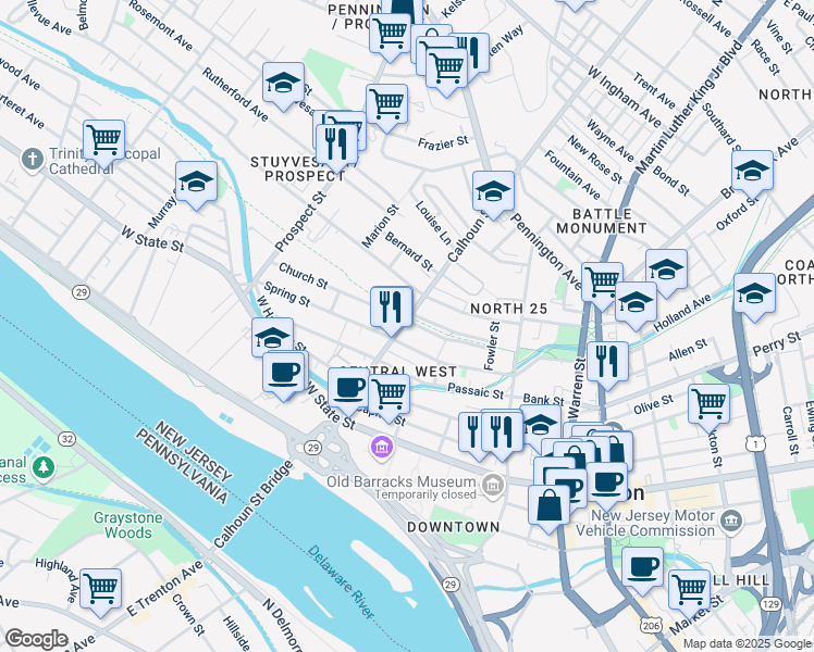 map of restaurants, bars, coffee shops, grocery stores, and more near in Trenton