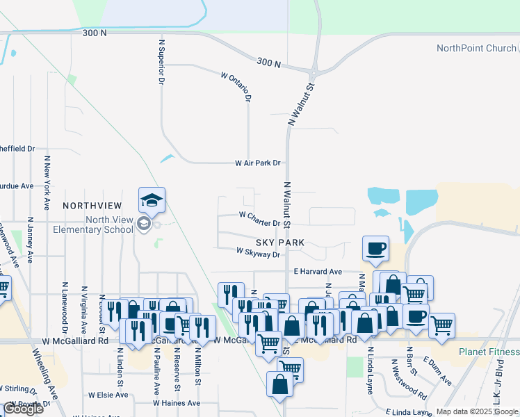 map of restaurants, bars, coffee shops, grocery stores, and more near 3905 North Franklin Street in Muncie