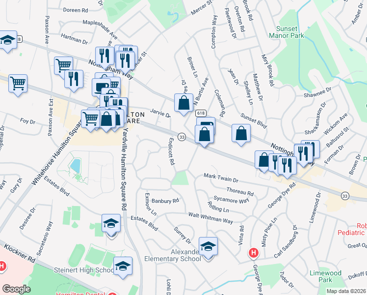 map of restaurants, bars, coffee shops, grocery stores, and more near 1501 New Jersey 33 in Trenton