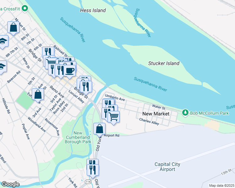map of restaurants, bars, coffee shops, grocery stores, and more near 108 Umberto Avenue in New Cumberland