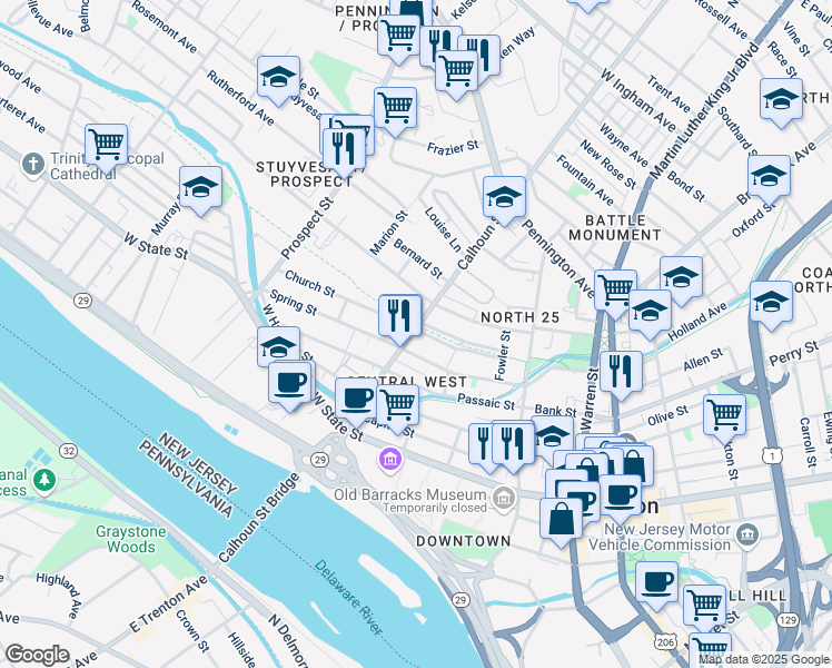 map of restaurants, bars, coffee shops, grocery stores, and more near in Trenton
