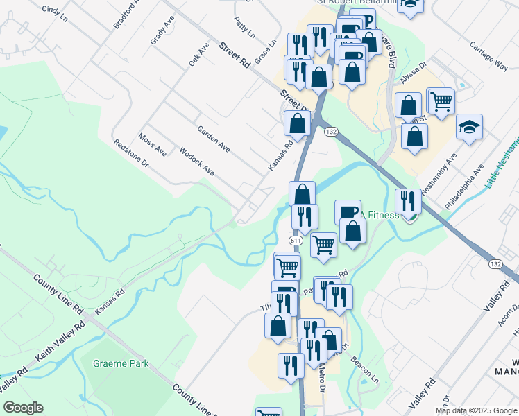 map of restaurants, bars, coffee shops, grocery stores, and more near 2002 Creekside Court in Warrington