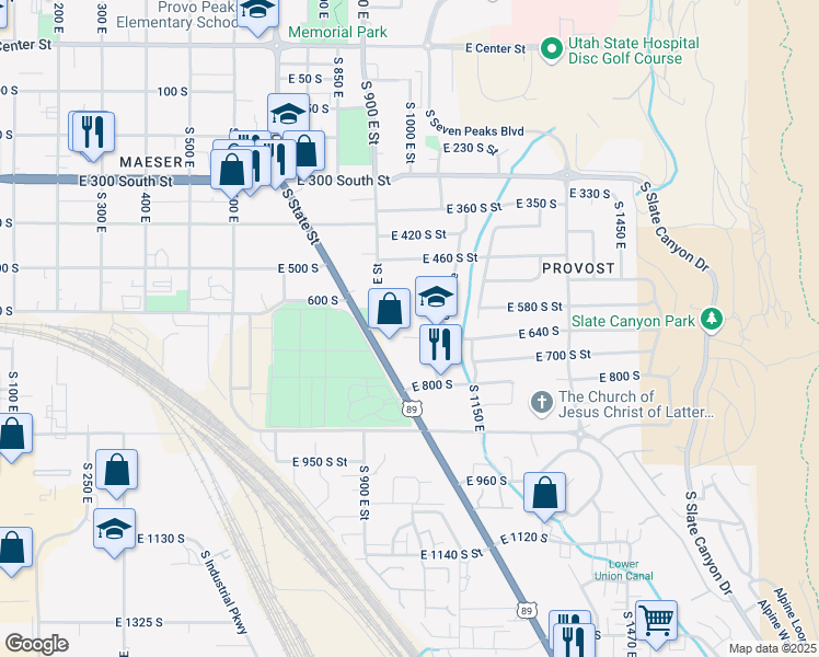 map of restaurants, bars, coffee shops, grocery stores, and more near 629 South 1000 East in Provo