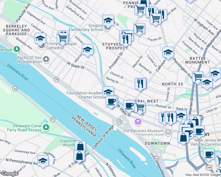 map of restaurants, bars, coffee shops, grocery stores, and more near 206 Passaic Street in Trenton