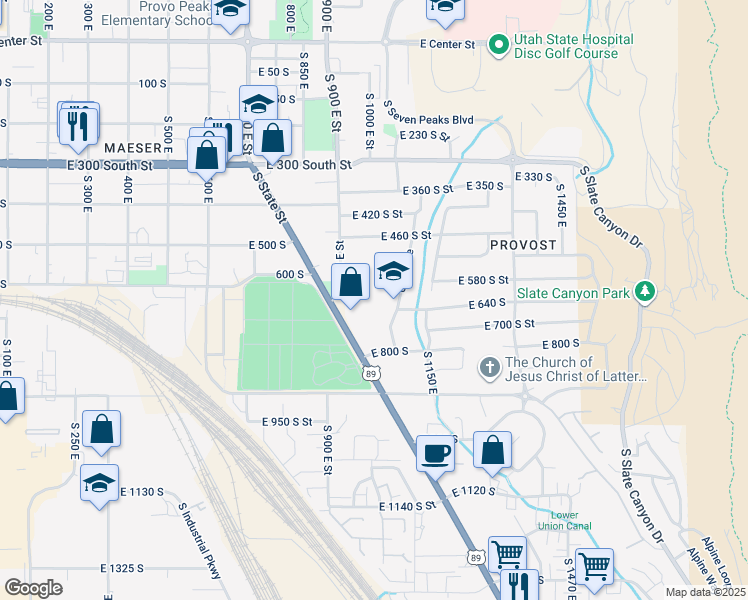 map of restaurants, bars, coffee shops, grocery stores, and more near 629 South 1000 East in Provo