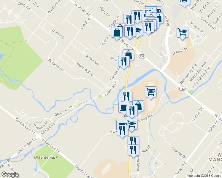 map of restaurants, bars, coffee shops, grocery stores, and more near Creekside Court in Warrington