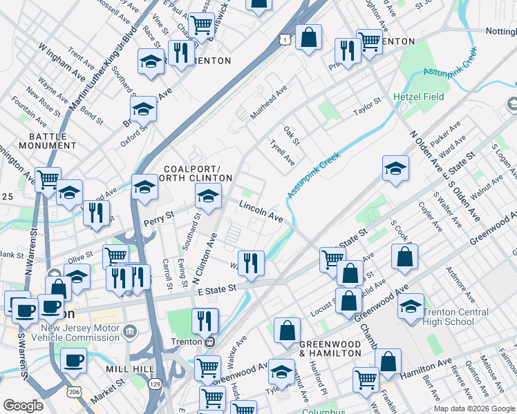 map of restaurants, bars, coffee shops, grocery stores, and more near 20 Seward Avenue in Trenton