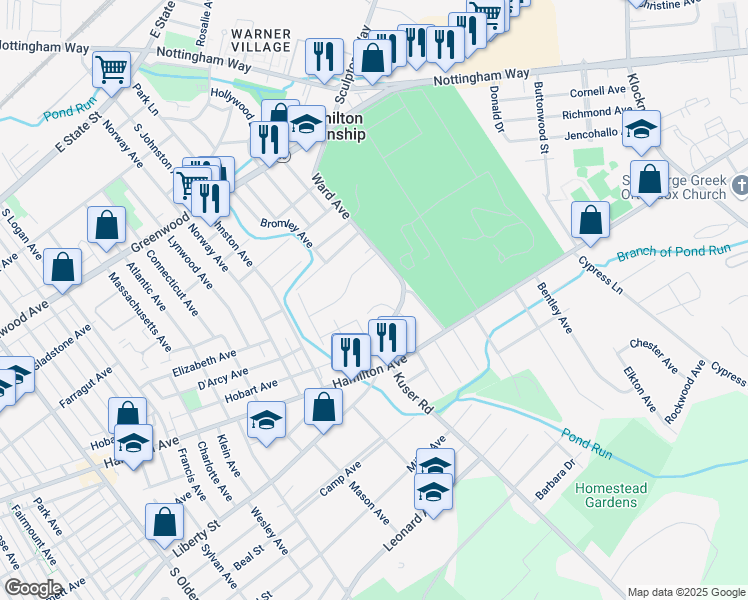 map of restaurants, bars, coffee shops, grocery stores, and more near 8 Libby Court in Hamilton Township
