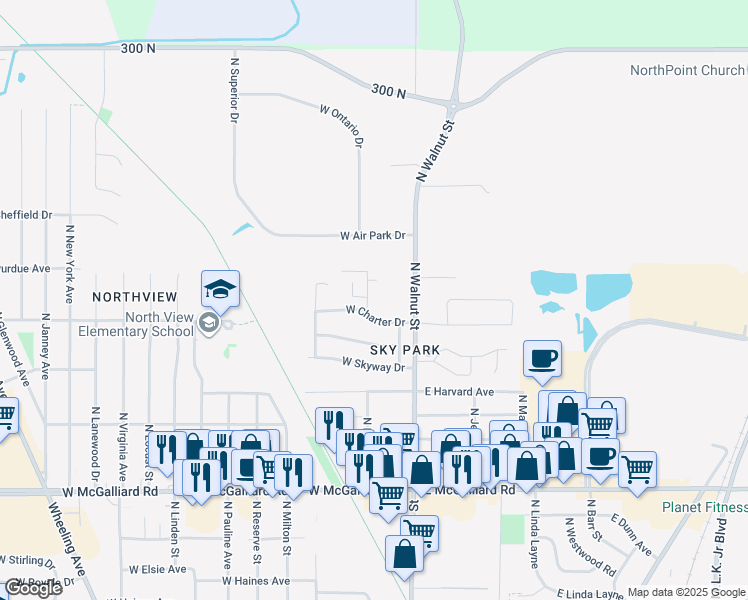 map of restaurants, bars, coffee shops, grocery stores, and more near 3905 North Franklin Street in Muncie