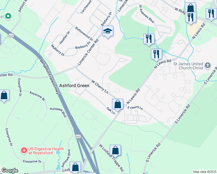 map of restaurants, bars, coffee shops, grocery stores, and more near 198 Troon Court in Royersford