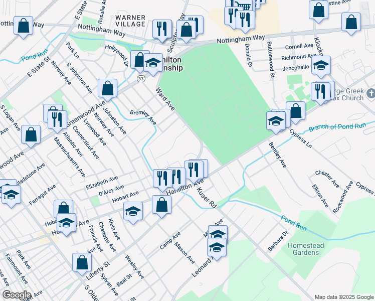 map of restaurants, bars, coffee shops, grocery stores, and more near 8 Libby Court in Hamilton Township