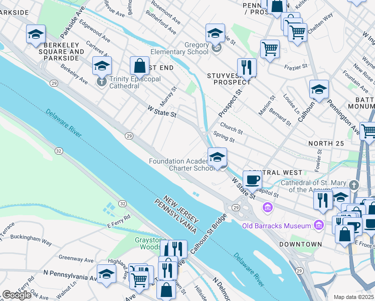 map of restaurants, bars, coffee shops, grocery stores, and more near 23 Richey Place in Trenton
