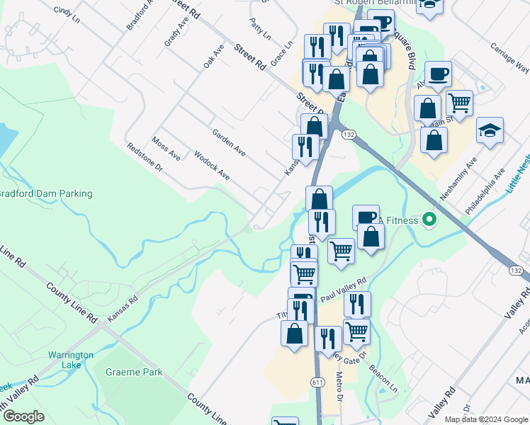 map of restaurants, bars, coffee shops, grocery stores, and more near 1014 Woodview Court in Warrington
