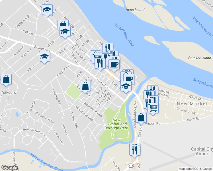 map of restaurants, bars, coffee shops, grocery stores, and more near 336 3rd Street in New Cumberland