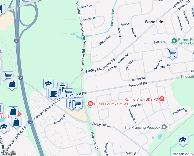 map of restaurants, bars, coffee shops, grocery stores, and more near 1565 Clark Drive in Yardley