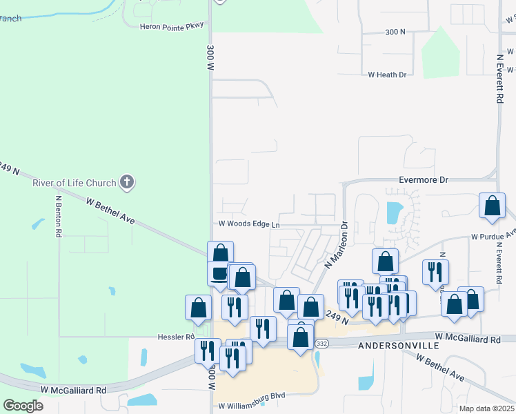 map of restaurants, bars, coffee shops, grocery stores, and more near 4428 W Woods Edge Ln in Muncie