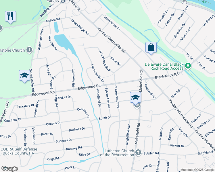 map of restaurants, bars, coffee shops, grocery stores, and more near 25 Edgewood Road in Yardley