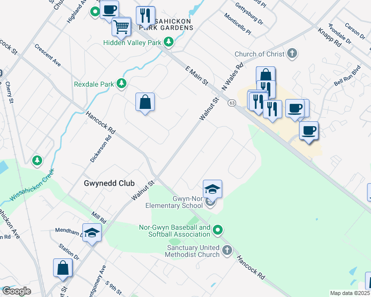 map of restaurants, bars, coffee shops, grocery stores, and more near 1436 North Wales Road in North Wales