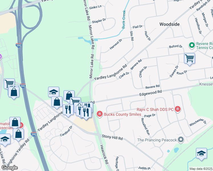 map of restaurants, bars, coffee shops, grocery stores, and more near 1565 Clark Drive in Yardley
