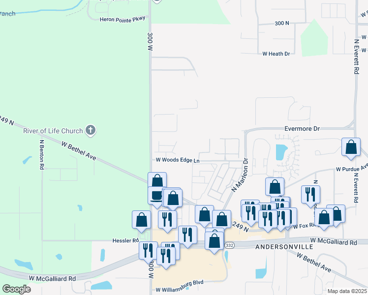 map of restaurants, bars, coffee shops, grocery stores, and more near 4008 North Morrison Road in Muncie