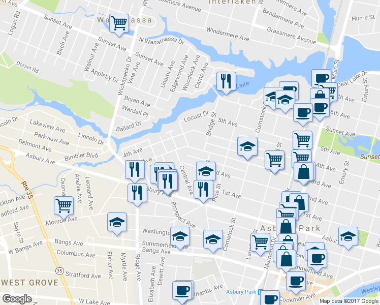 map of restaurants, bars, coffee shops, grocery stores, and more near 1316 3rd Avenue in Asbury Park