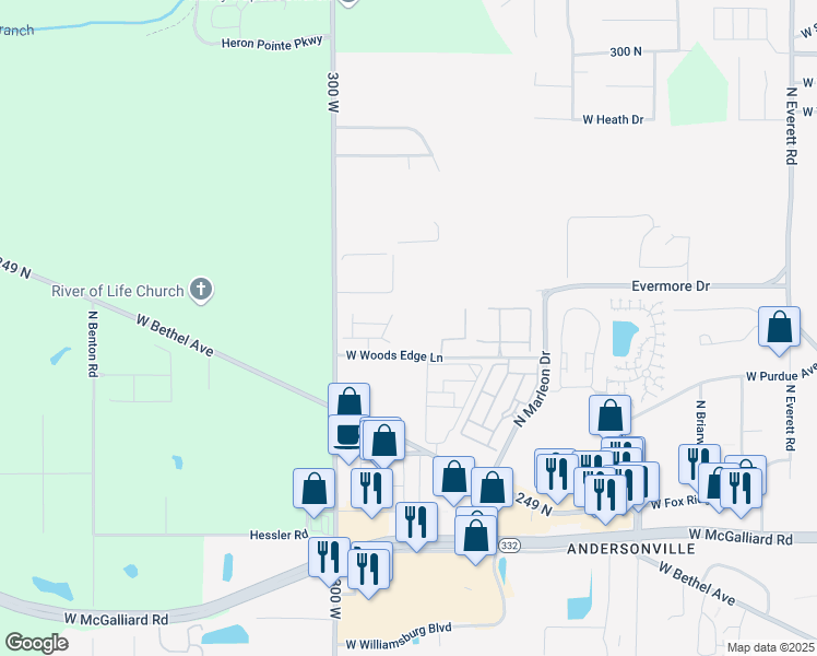 map of restaurants, bars, coffee shops, grocery stores, and more near 4008 North Morrison Road in Muncie