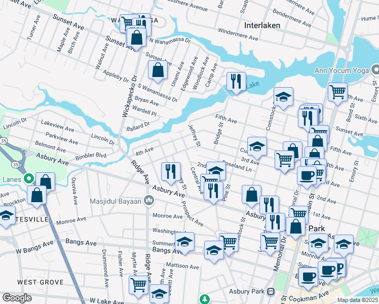 map of restaurants, bars, coffee shops, grocery stores, and more near 1334 3rd Avenue in Asbury Park