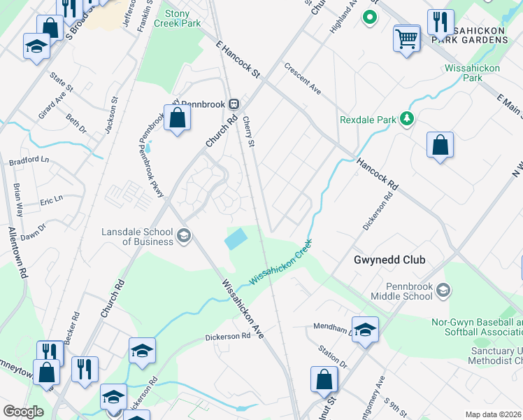 map of restaurants, bars, coffee shops, grocery stores, and more near 820 Cherry Street in Lansdale
