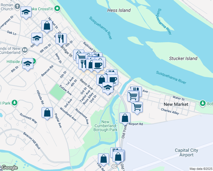 map of restaurants, bars, coffee shops, grocery stores, and more near 136 Bridge Street in New Cumberland