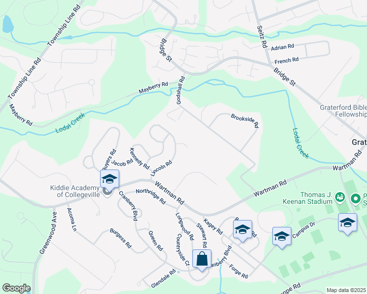 map of restaurants, bars, coffee shops, grocery stores, and more near 202 Eisenhower Lane in Collegeville
