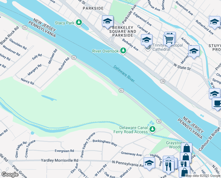 map of restaurants, bars, coffee shops, grocery stores, and more near 551 River Road in Yardley