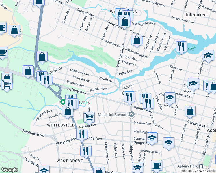 map of restaurants, bars, coffee shops, grocery stores, and more near 1 Park Place in Monmouth County