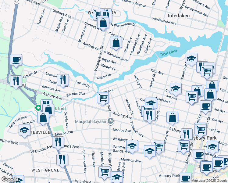map of restaurants, bars, coffee shops, grocery stores, and more near 1606 4th Avenue in Asbury Park