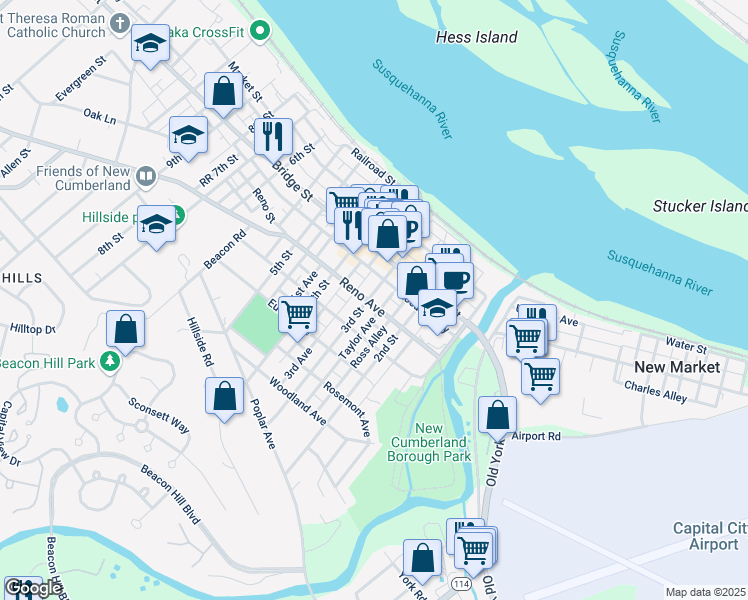 map of restaurants, bars, coffee shops, grocery stores, and more near 336 3rd Street in New Cumberland