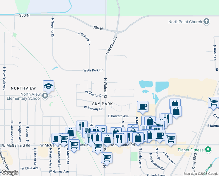 map of restaurants, bars, coffee shops, grocery stores, and more near 3980 North Walnut Street in Muncie