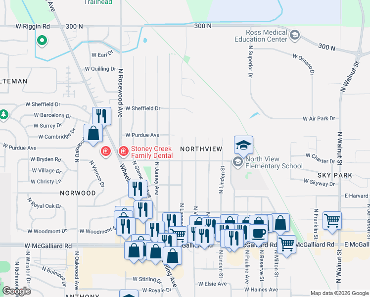 map of restaurants, bars, coffee shops, grocery stores, and more near 4001 North Virginia Avenue in Muncie